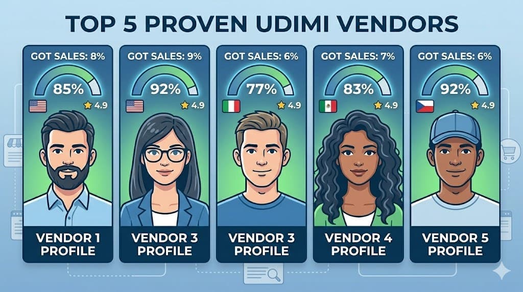 Top 5 Udimi solo ad vendor profile thumbnails with got sales percentage and star ratings.