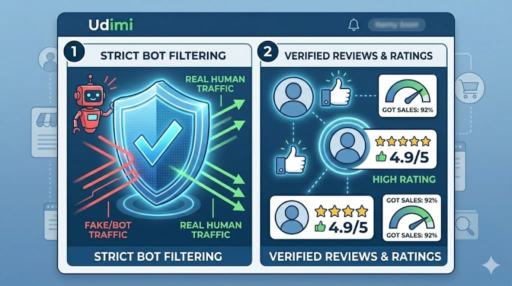 Udimi feature infographic comparing strict bot filtering and verified user reviews.