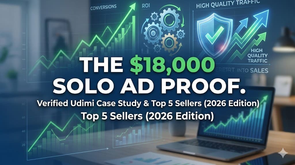 The $18,000 Udimi solo ad proof and top 5 best seller case study hero image.